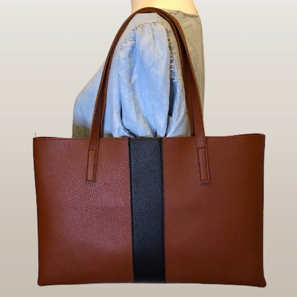 VINCE CAMUTO Tumbled Brown Black Stripe Vegan Leather File Briefcase Tote Bag - Picture 14 of 15